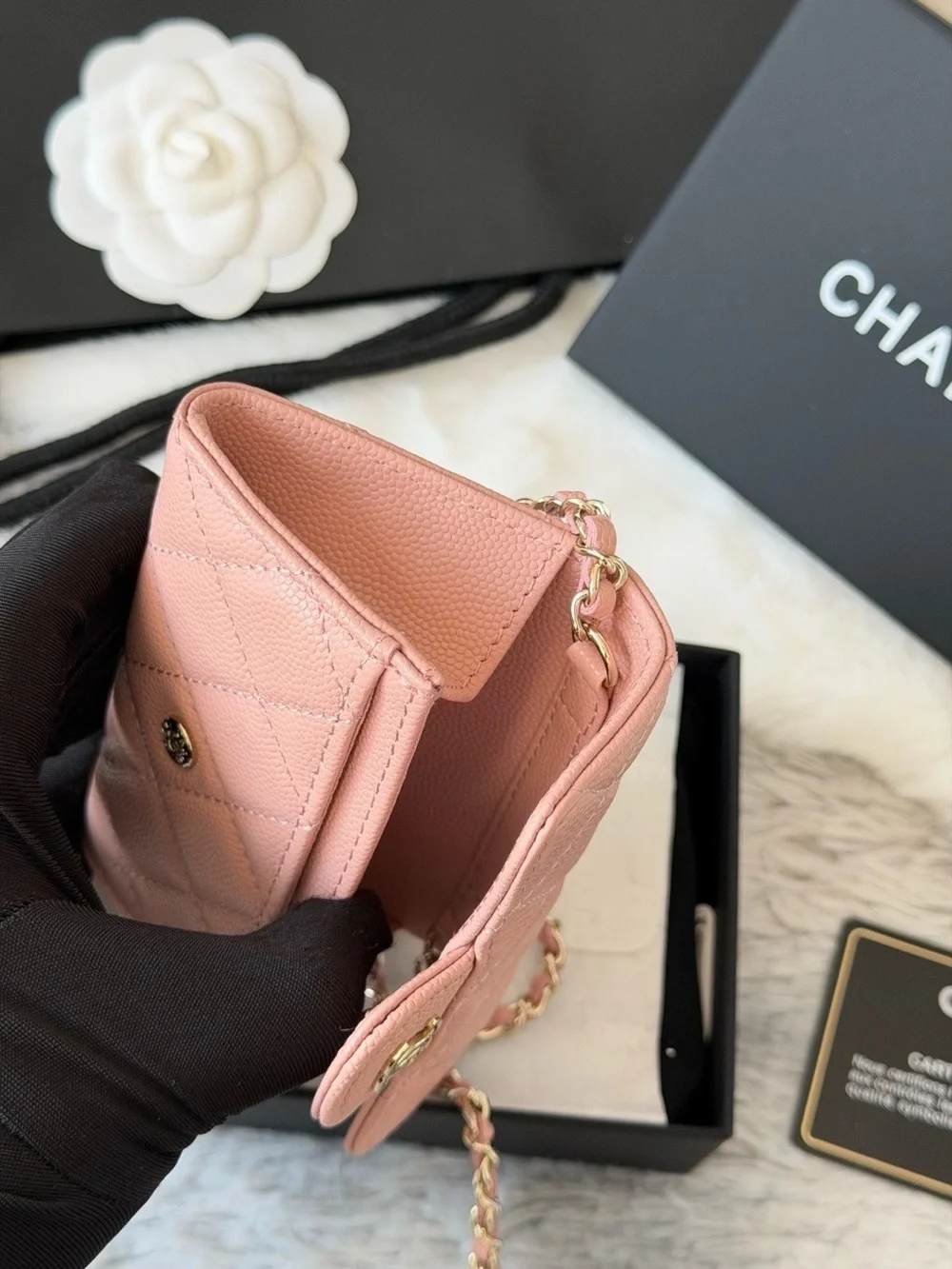 CHANEL Pink Quilted Caviar Leather Mini Wallet-on-Chain with Gold Hardware